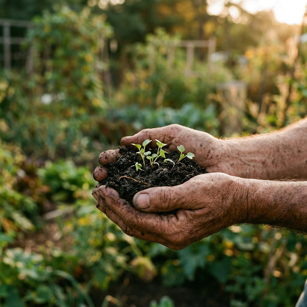 Weathered hands holding rich soil with sprouting heirloom seedlings in warm golden light